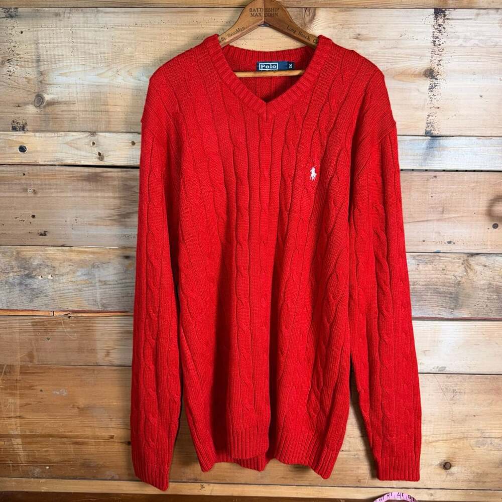 Polo Ralph Lauren Cable Knit V-Neck Sweater Size 3X Red Wool